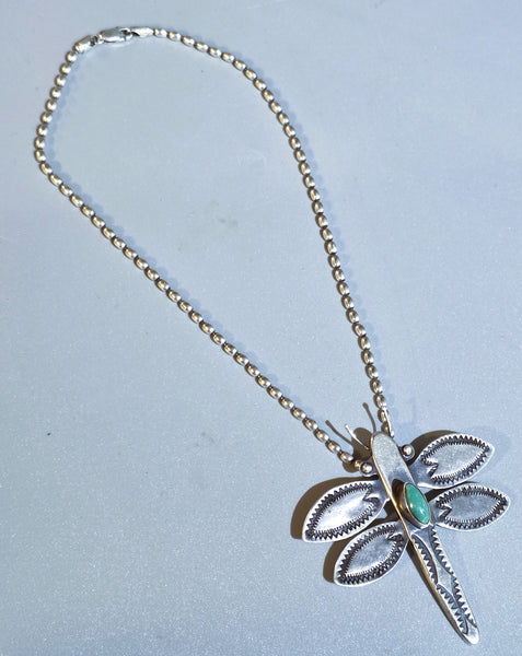 Navajo Dragonfly Pendant with Turquoise & Beaded Chain