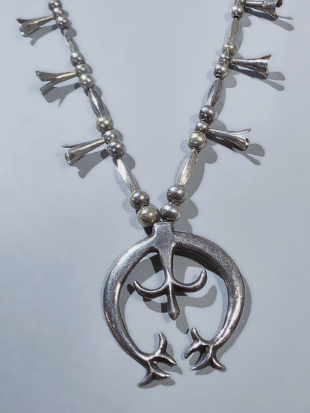 Navajo Sterling Silver Squash Blossom Necklace w Melon Beads and Hands Naja