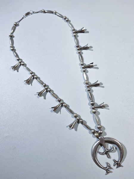 Navajo Sterling Silver Squash Blossom Necklace w Melon Beads and Hands Naja