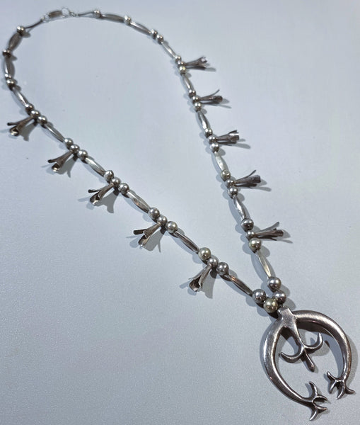 Navajo Sterling Silver Squash Blossom Necklace w Melon Beads and Hands Naja