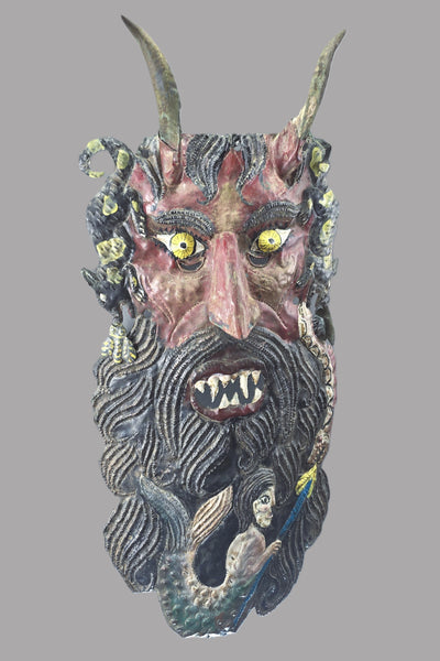 Nahua Guerrero Mexico Horned Diablo Painted Copper Barbone Mask