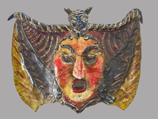 Mexican Folk Art Copper Bat Mask with Intimidating Face