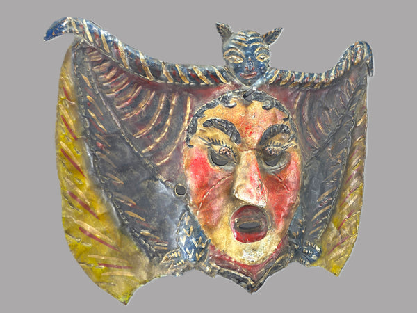Mexican Folk Art Copper Bat Mask with Intimidating Face