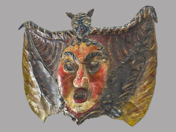 Mexican Folk Art Copper Bat Mask with Intimidating Face