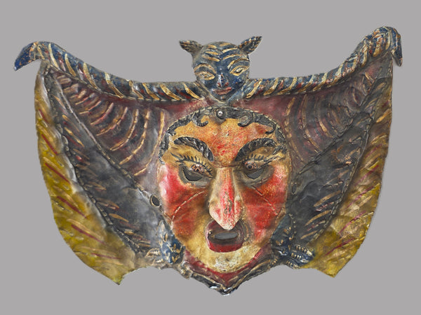 Mexican Folk Art Copper Bat Mask with Intimidating Face
