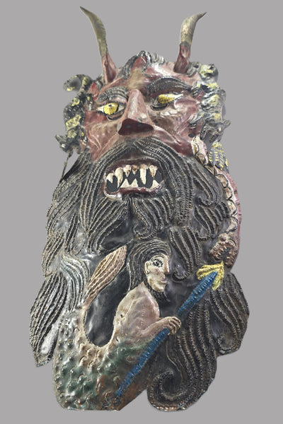 Nahua Guerrero Mexico Horned Diablo Painted Copper Barbone Mask