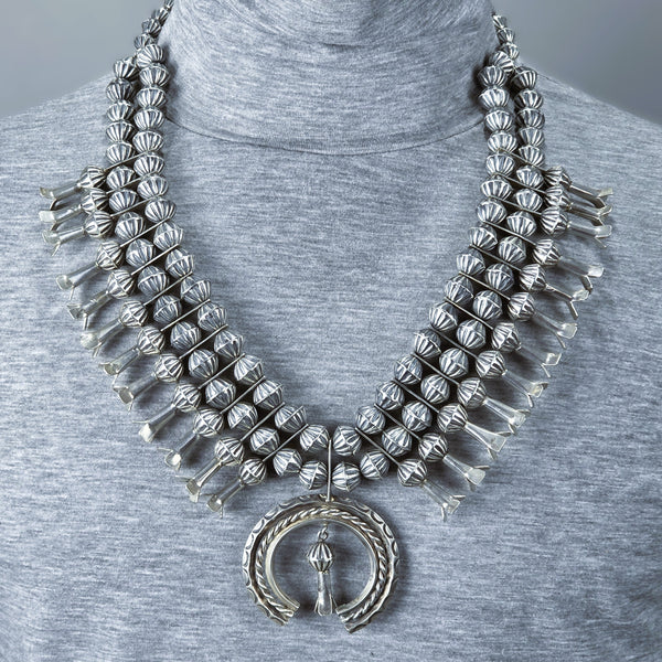 Navajo Double Strand Squash Blossom Necklace with Fluted Beads