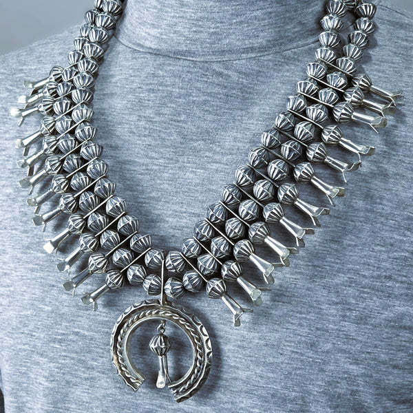 Navajo Double Strand Squash Blossom Necklace with Fluted Beads