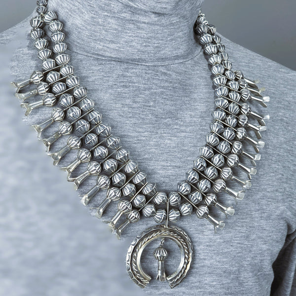 Navajo Double Strand Squash Blossom Necklace with Fluted Beads
