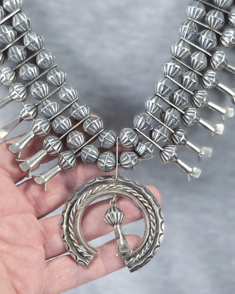 Navajo Double Strand Squash Blossom Necklace with Fluted Beads