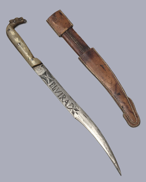 Mexican Dogs Head Bone Handle Knife with Sheath