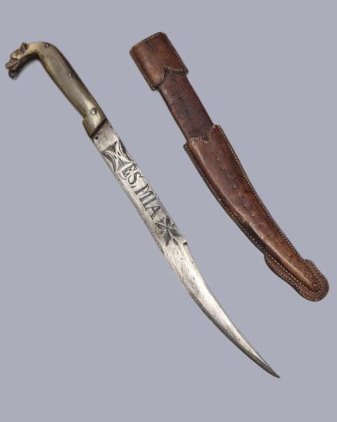 Mexican Dogs Head Bone Handle Knife with Sheath