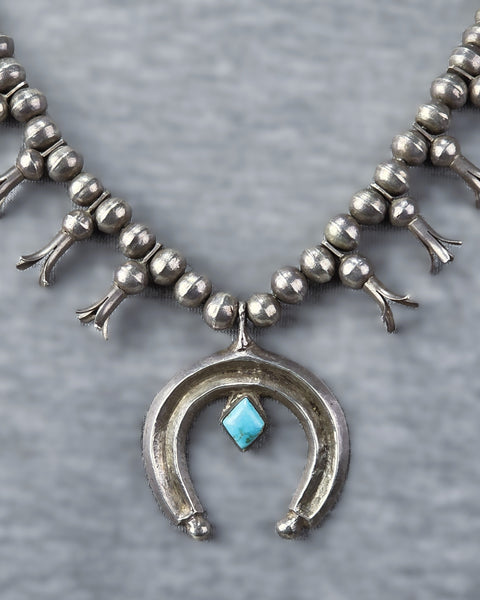 Navajo Turquoise &  Silver Diminutive Squash Blossom Necklace