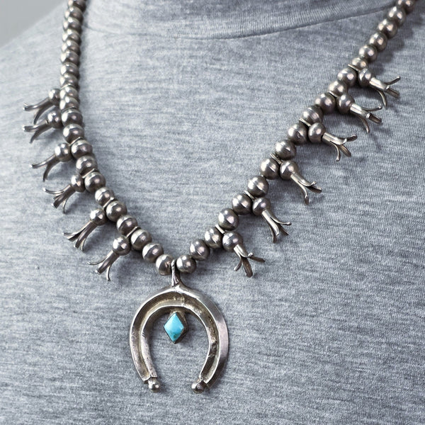 Navajo Turquoise &  Silver Diminutive Squash Blossom Necklace