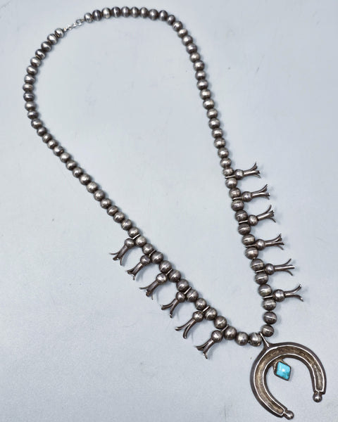 Navajo Turquoise &  Silver Diminutive Squash Blossom Necklace