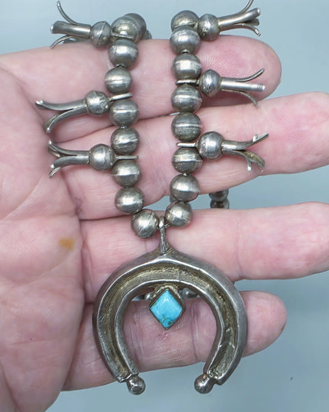 Navajo Turquoise &  Silver Diminutive Squash Blossom Necklace