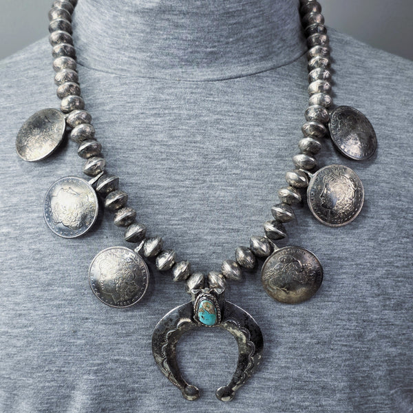 Navajo Morgan Dollar and Silver Dime Squash Blossom Necklace With Turquoise Center Naja