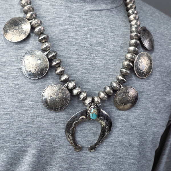 Navajo Morgan Dollar and Silver Dime Squash Blossom Necklace With Turquoise Center Naja