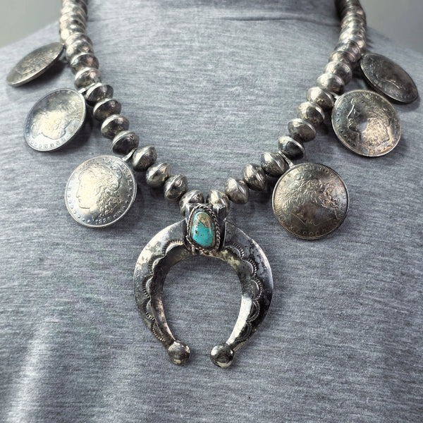 Navajo Morgan Dollar and Silver Dime Squash Blossom Necklace With Turquoise Center Naja