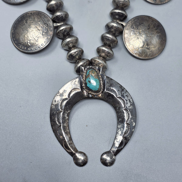 Navajo Morgan Dollar and Silver Dime Squash Blossom Necklace With Turquoise Center Naja