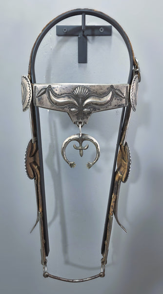 Early Navajo Silver Headstall with Steer Head Design