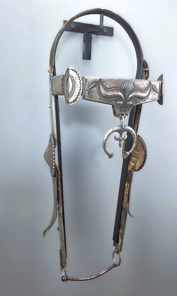 Early Navajo Silver Headstall with Steer Head Design