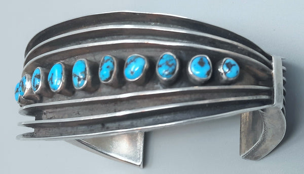 Gorgeous Navajo Silver and Turquoise Hollowware Cuff Bracelet