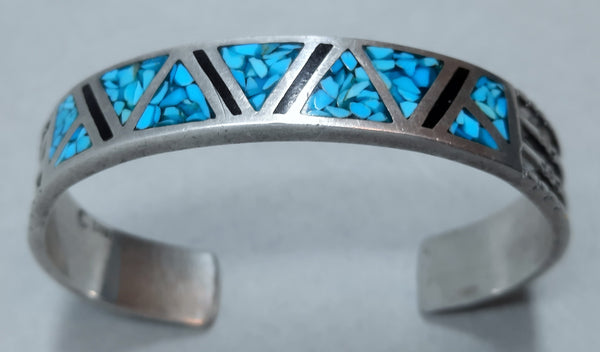 Navajo Silver and Turquoise Cuff Bracelet with black enamel