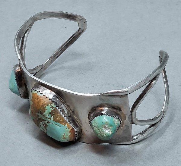 Modern Navajo Silver and Turquoise  Cuff Bracelet 3 stones