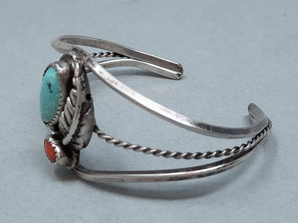 Navajo Sterling Silver, Turquoise and Coral Cuff Bracelet