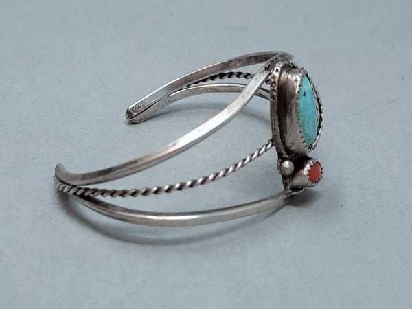 Navajo Sterling Silver, Turquoise and Coral Cuff Bracelet