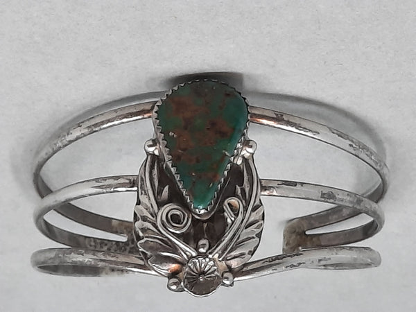 Navajo Sterling Silver, Turquoise Cuff Bracelet with leaf