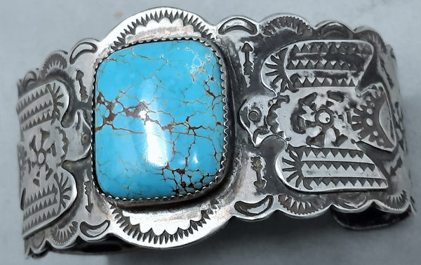 Wide Fred Harvey  Navajo Silver and Turquoise Cuff Bracelet with Thunderbirds