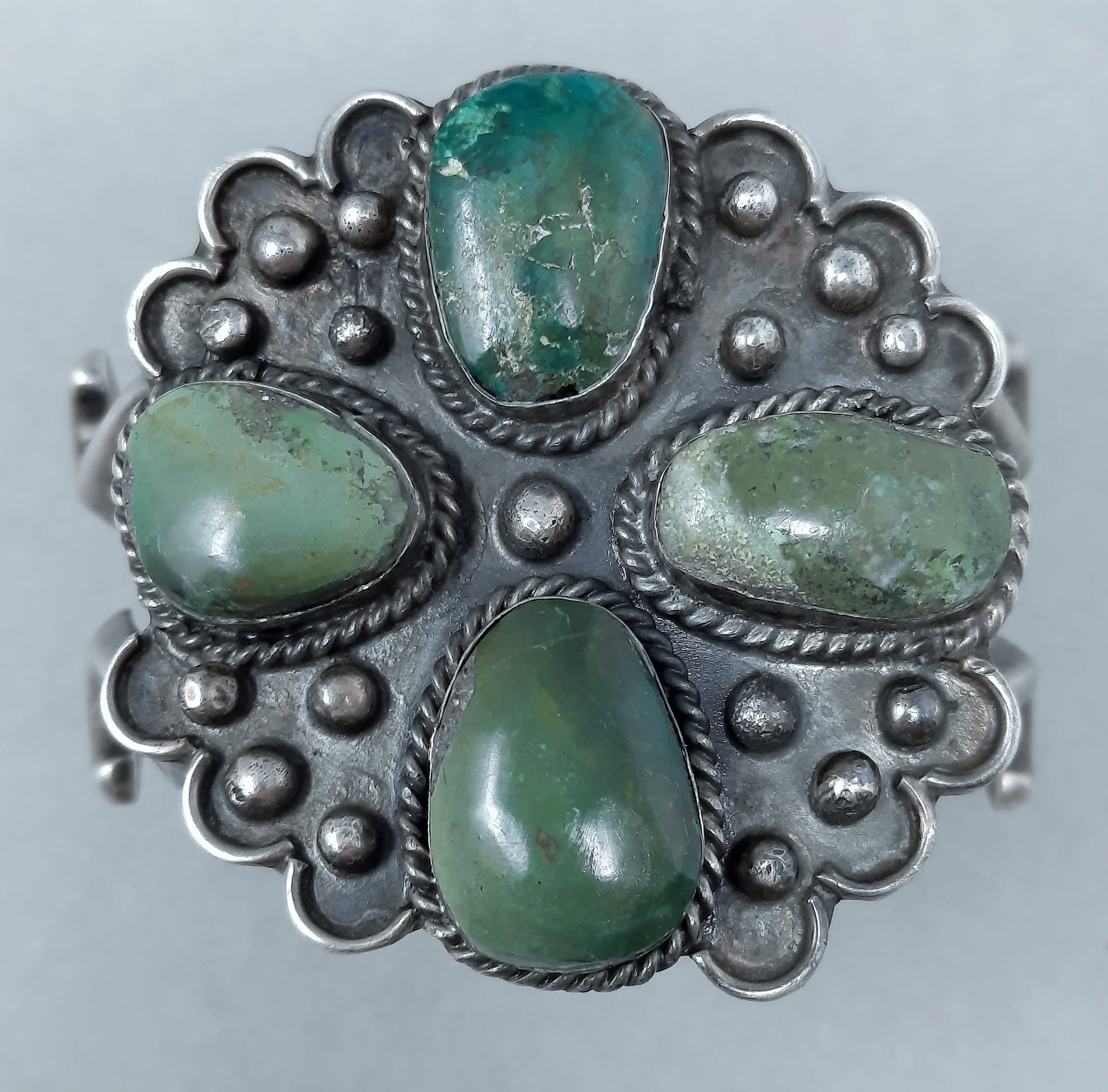 Cast Navajo Silver Green Stone Cuff Bracelet with Blue and Pale Green Stones
