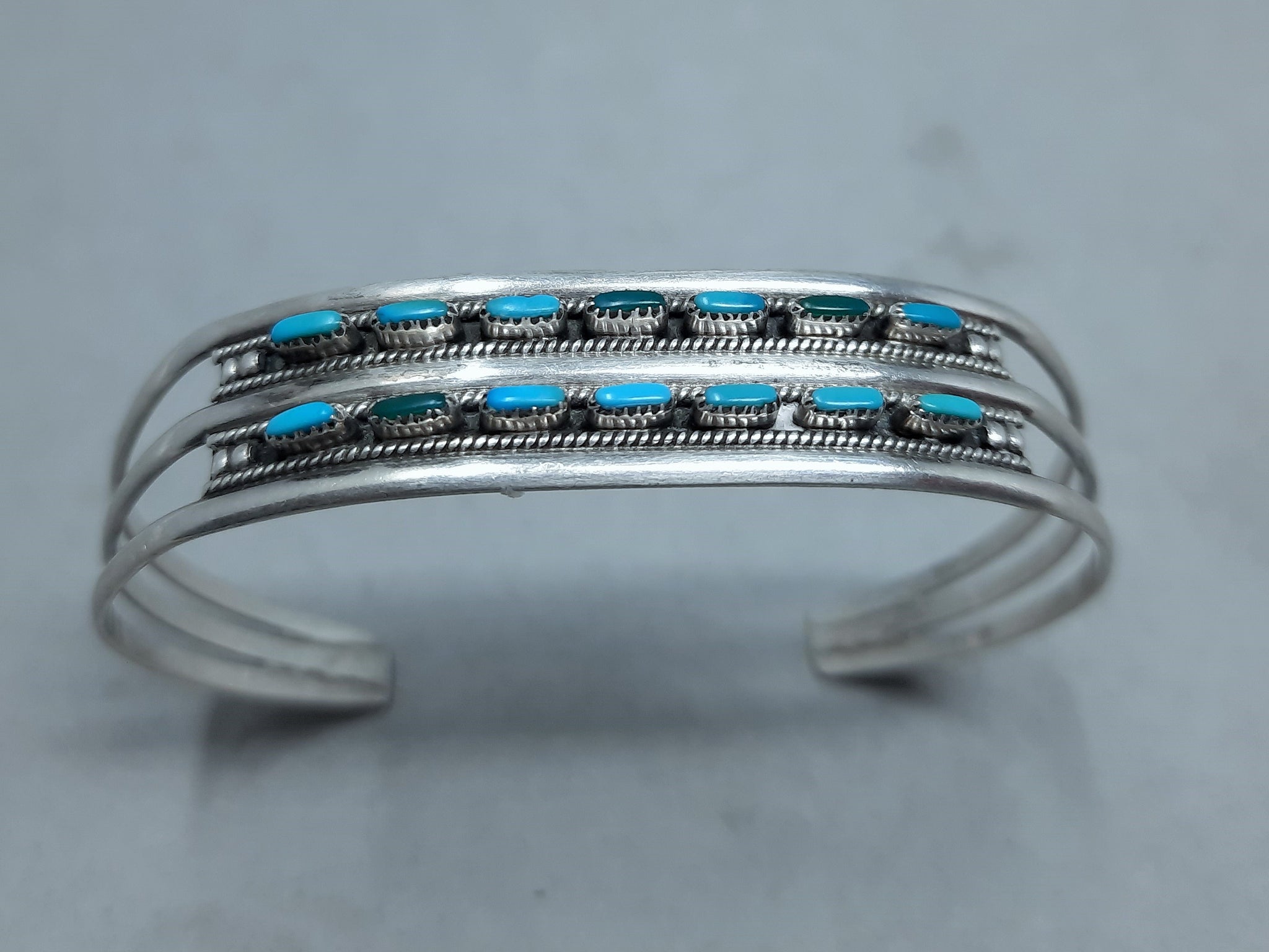 Small Petite Point Double Row Navajo Silver and Turquoise Cuff Bracelet