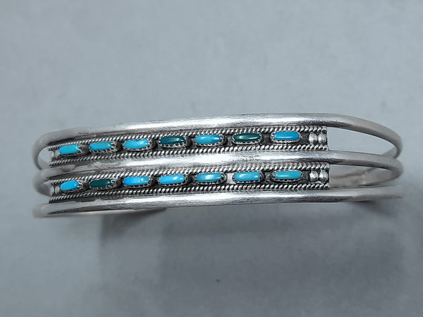 Small Petite Point Double Row Navajo Silver and Turquoise Cuff Bracelet