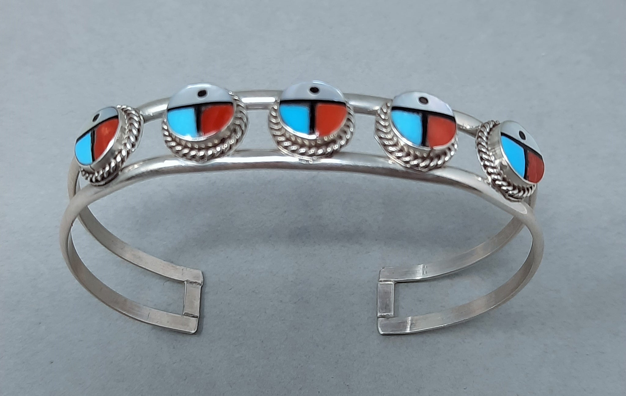 Zuni Sterling Silver and Turquoise Mosaic Gemstone Inlay Cuff Bracelet