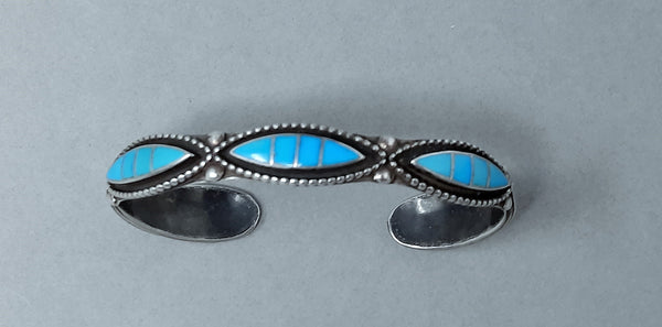 Zuni Pueblo Channel Inlay Silver Bracelet with Turquoise Teardrop Shapes