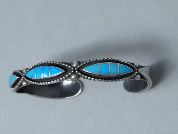 Zuni Pueblo Channel Inlay Silver Bracelet with Turquoise Teardrop Shapes