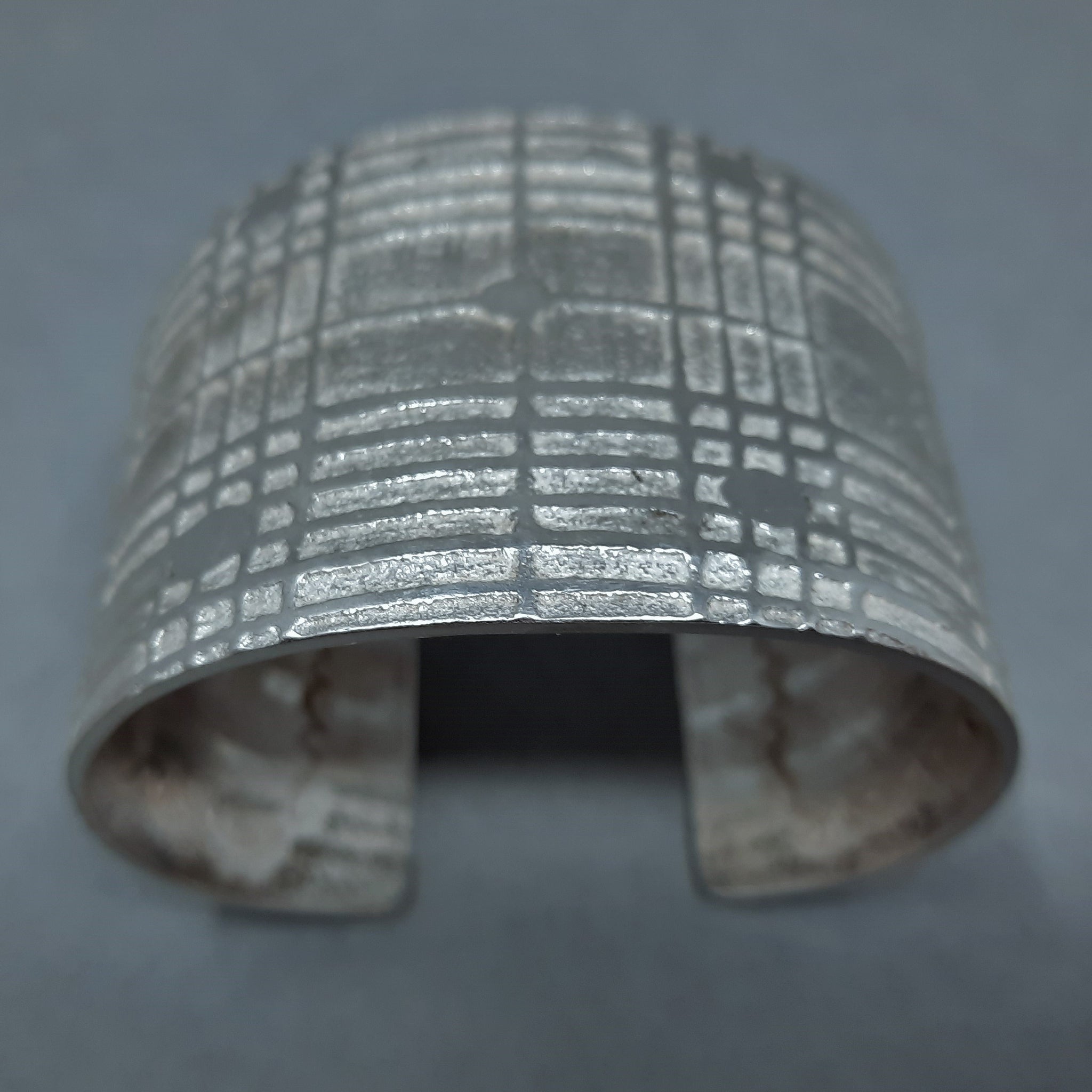 Large Navajo Silver Cuff Bracelet with Plaid Design by Gino Antonio 1.7/8" wide