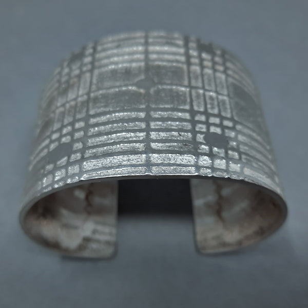 Large Navajo Silver Cuff Bracelet with Plaid Design by Gino Antonio 1.7/8" wide