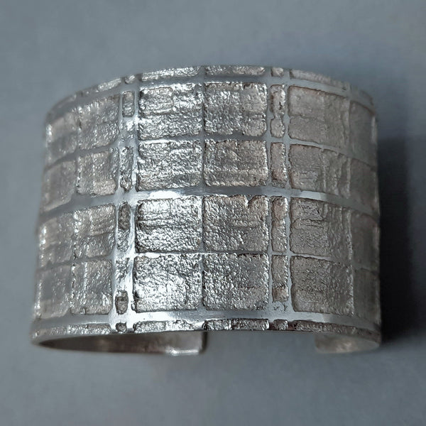 Large Navajo Silver Cuff Bracelet with Plaid Design by Gino Antonio 1.3/4" wide