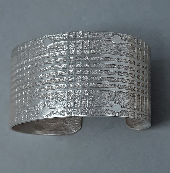 Large Navajo Silver Cuff Bracelet with Plaid Design by Gino Antonio 1.1/2" wide