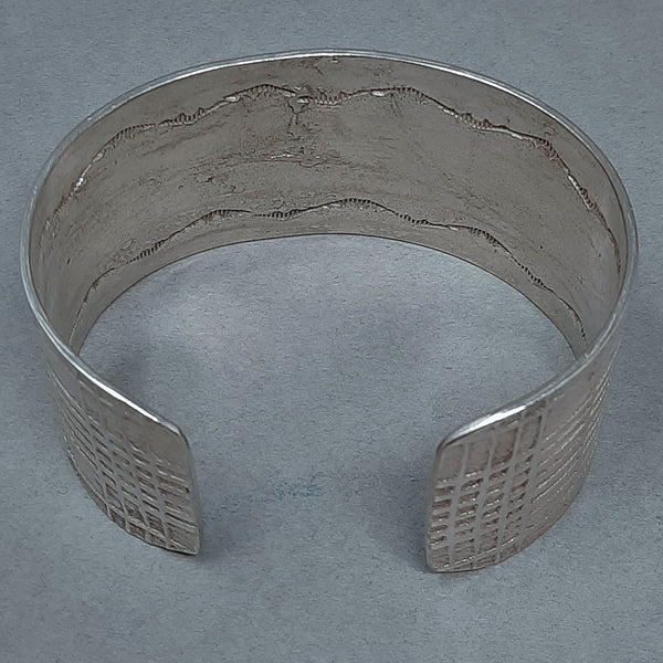 Large Navajo Silver Cuff Bracelet with Plaid Design by Gino Antonio 1.1/2" wide
