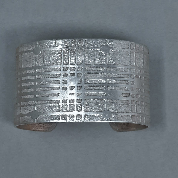 Large Navajo Silver Cuff Bracelet with Narrow Plaid Design by Gino Antonio 1.1/2" wide