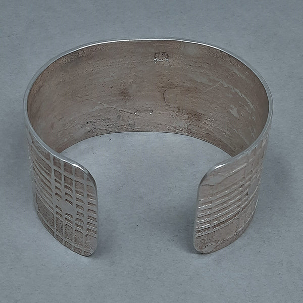 Large Navajo Silver Cuff Bracelet with Narrow Plaid Design by Gino Antonio 1.1/2" wide