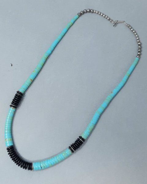 Vintage Sterling Silver, Turquoise & Onyx Native Santo Domingo Pueblo Bead Necklace