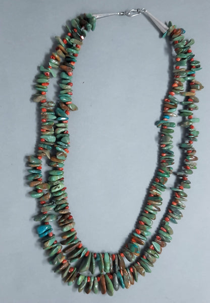 Vintage Turquoise Tab & Spiny Oyster Necklace Double Strand 21 Inch