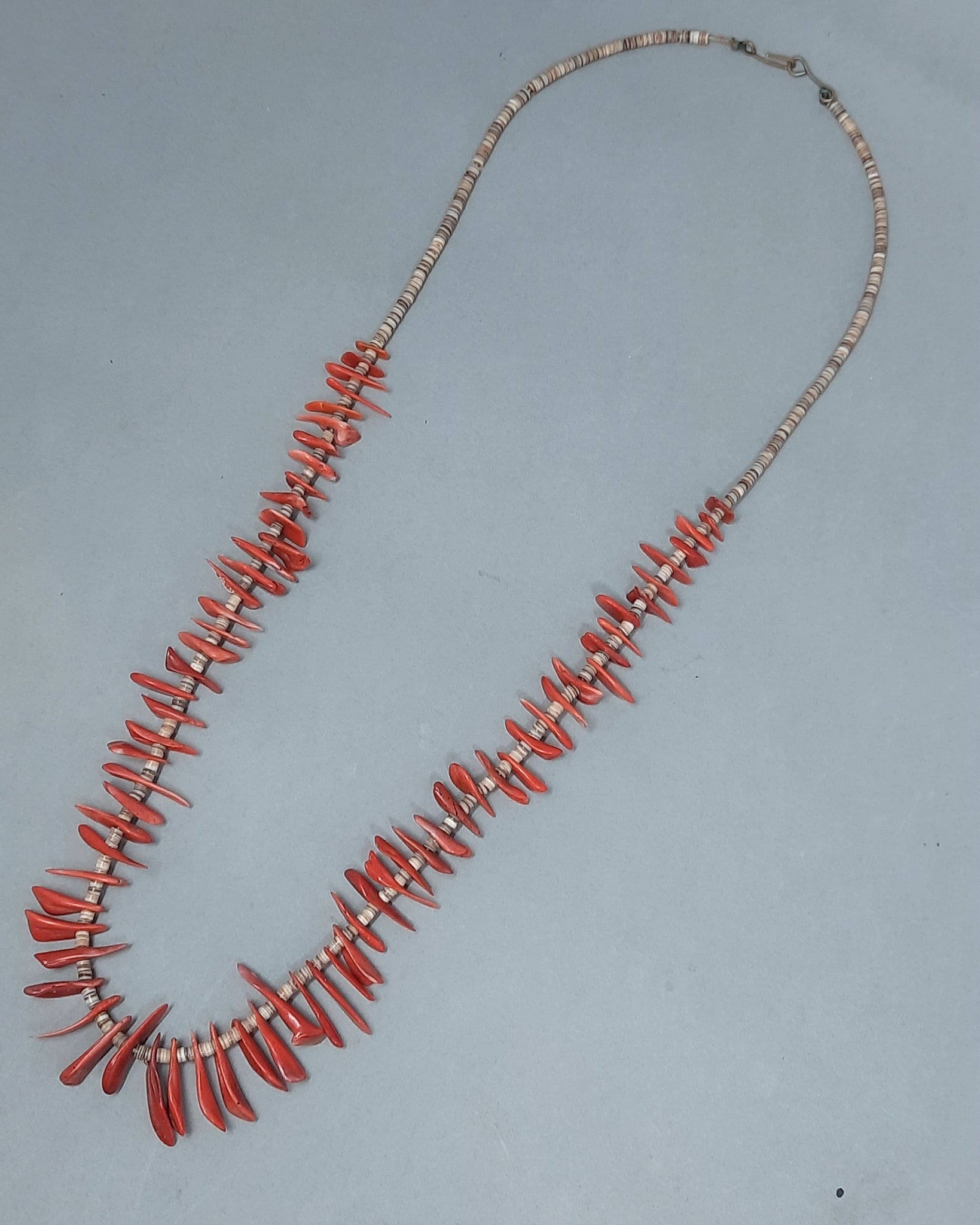 Vintage Coral Tab and Heishi Bead Necklace 28"