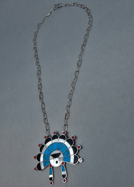 Kachina Sun Face Silver,  Turquoise, Coral, Jet and Mother of Pearl Inlay Necklace